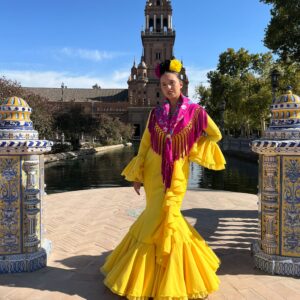 VESTIDO CASCADA AMARILLO TULL AMARILLO Y TULL NEGRO